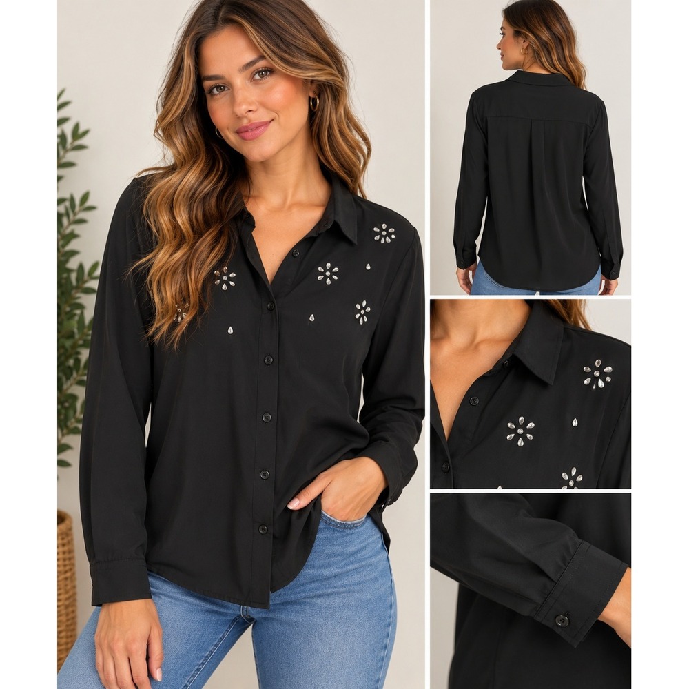 Vintage New York & Company 7th Avenue Black Rhinestone Button Down XL Tall NWT